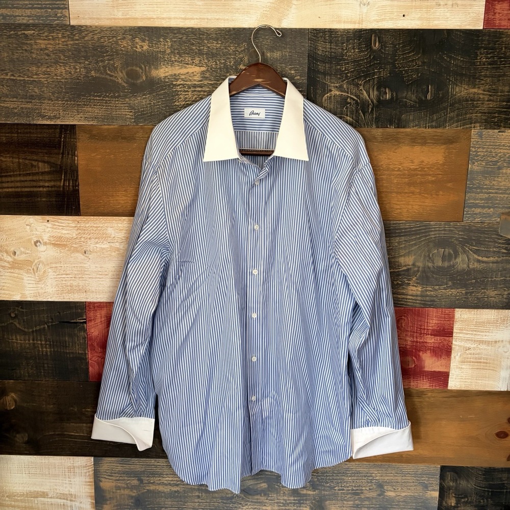 Brioni Neiman Marcus Blue Striped Dress Shirt Mens 18 L Cotton Made In Italy